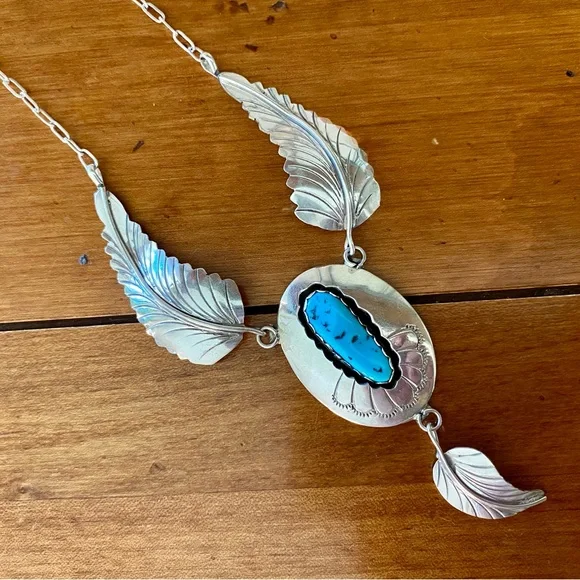 Native American Sterling Silver and Turquoise Feather Necklace